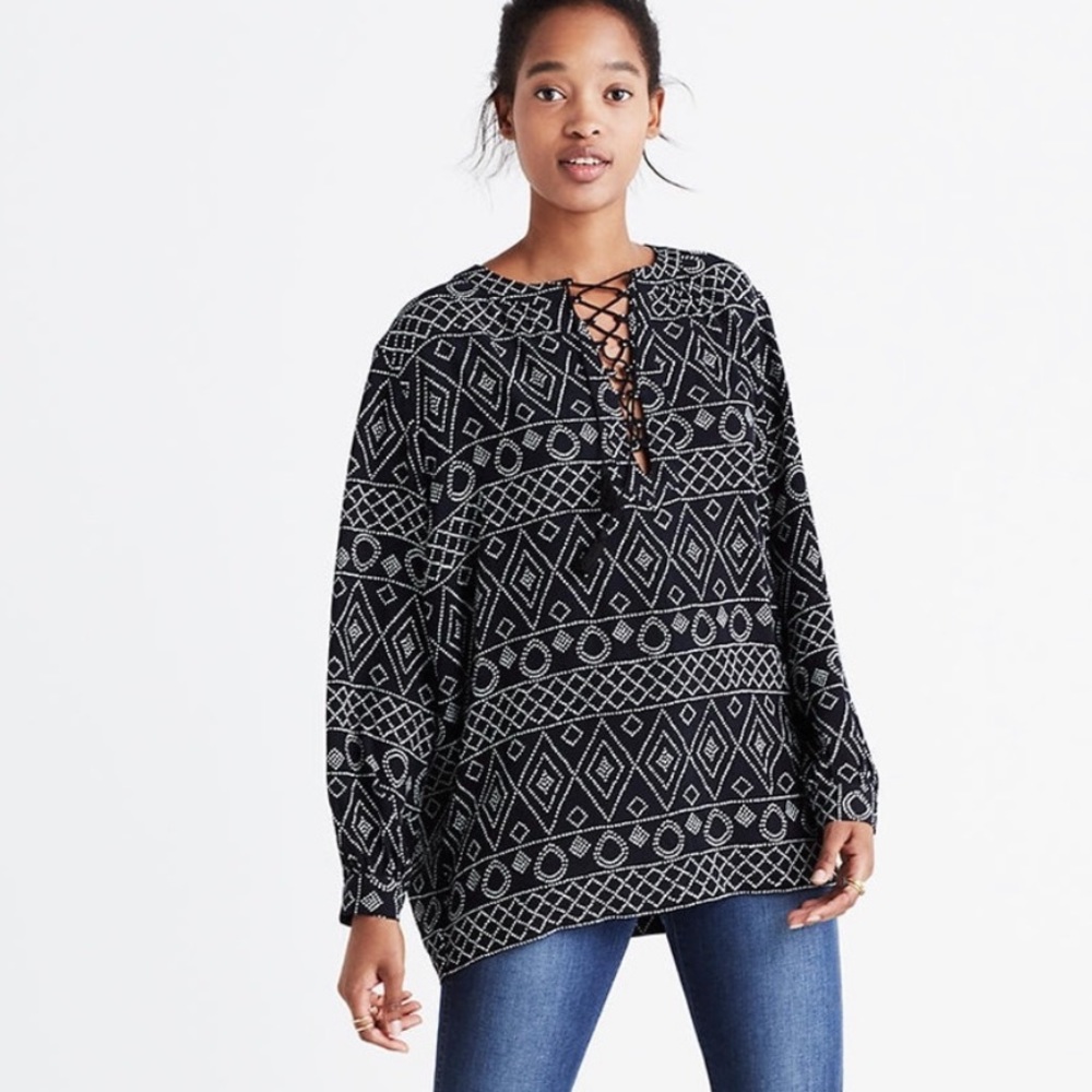 NWOT MADEWELL lace up bohemian aztec print black and white oversized blouse new